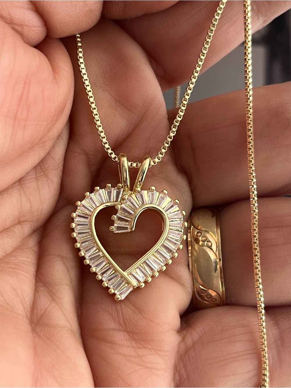 Gold Heart Pendant Necklace with Clear Baguette Stones - Women Jewelry